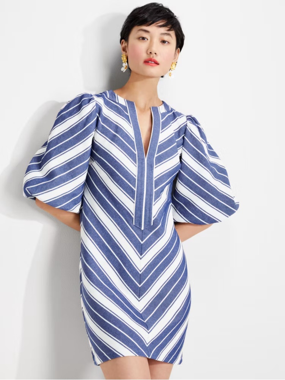 kate spade Blue and White Striped Puff-Sleeve Dress